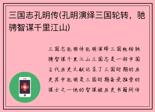 三国志孔明传(孔明演绎三国轮转，驰骋智谋千里江山)